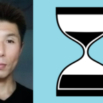 Photo of Takanori Kuge and image of an hourglass